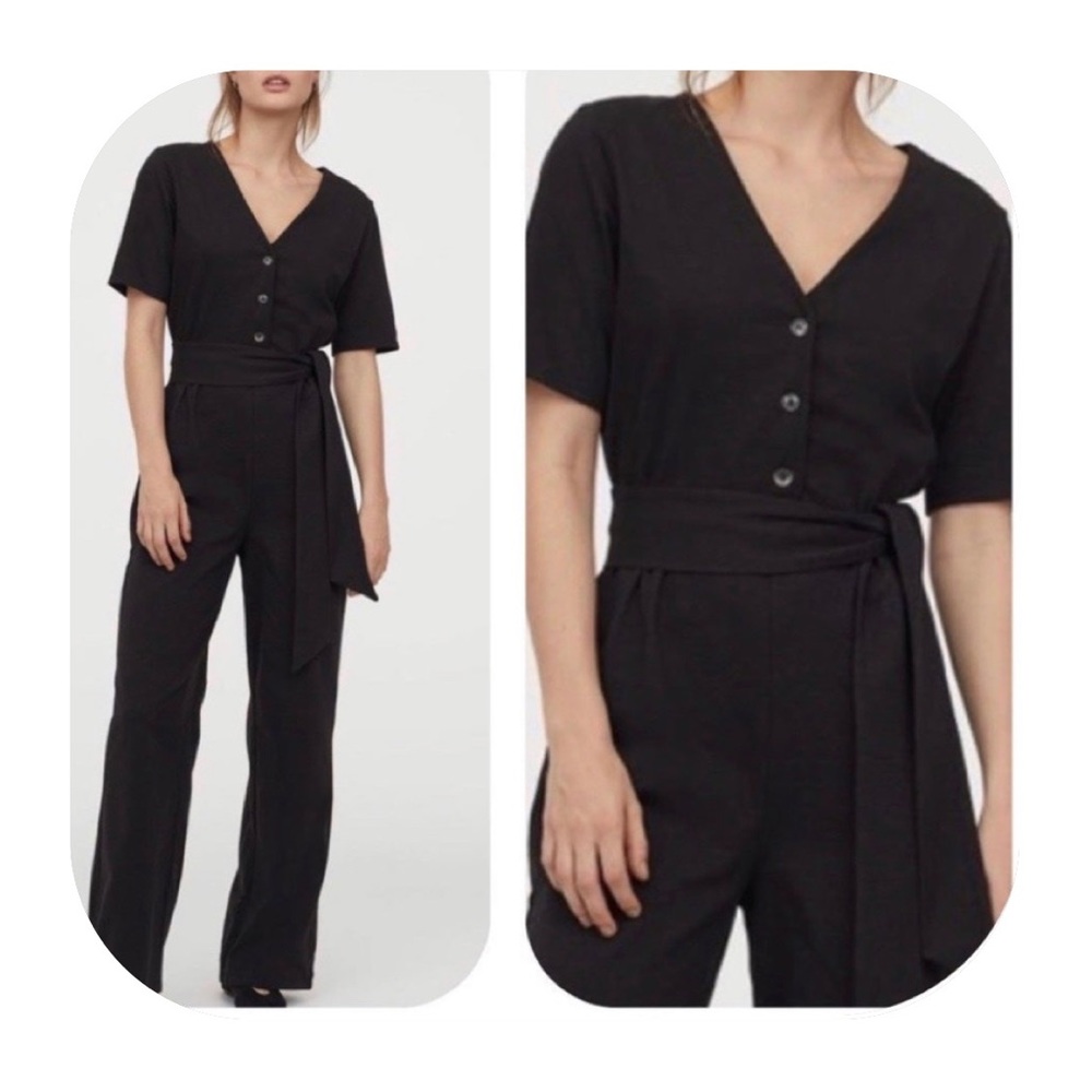 H&M L black Henley belted straight leg jumpsuit
